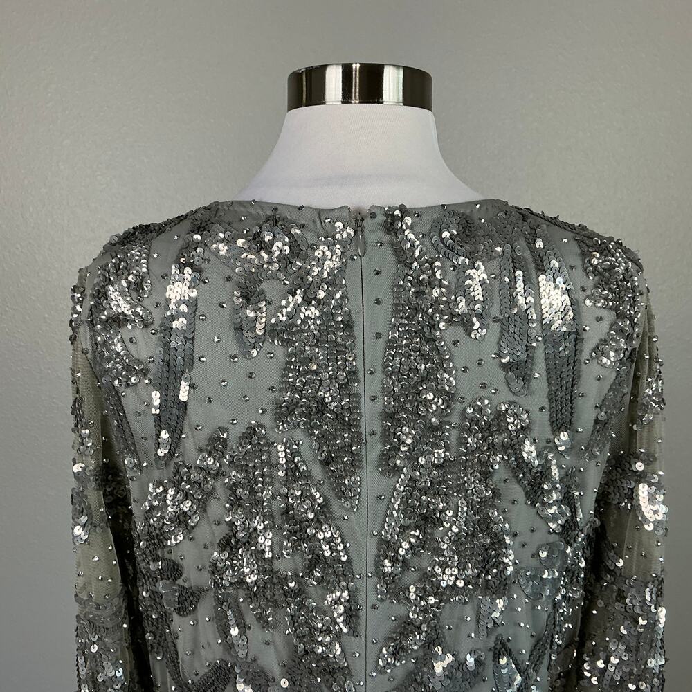 Mac Duggal 5222 Silver Evening Gown Sequined Long Sleeve A-Line Dress Size 12 - Picture 9 of 12